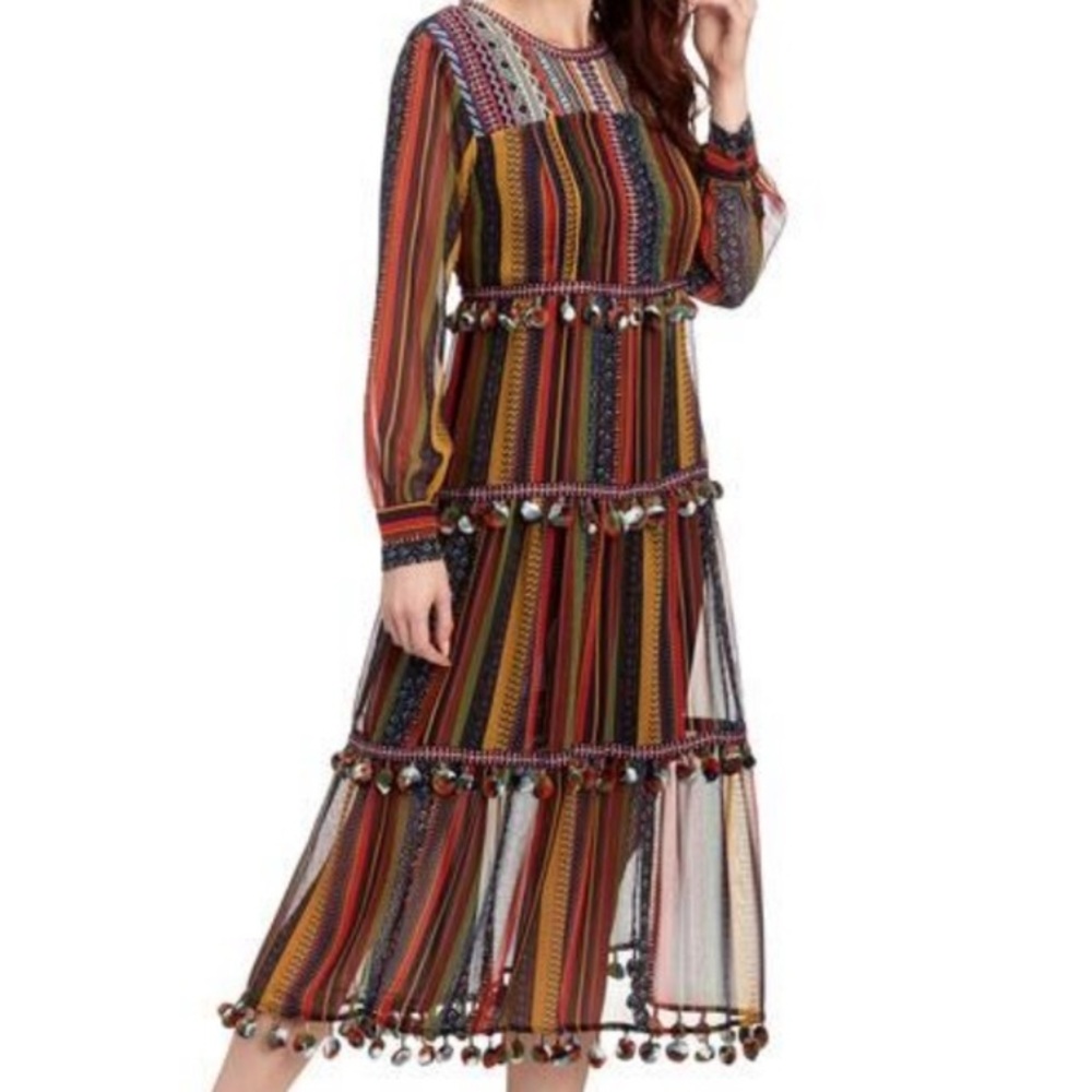 Chelsea & Theodore Multicolor Striped Midi Dress with Pom Trim